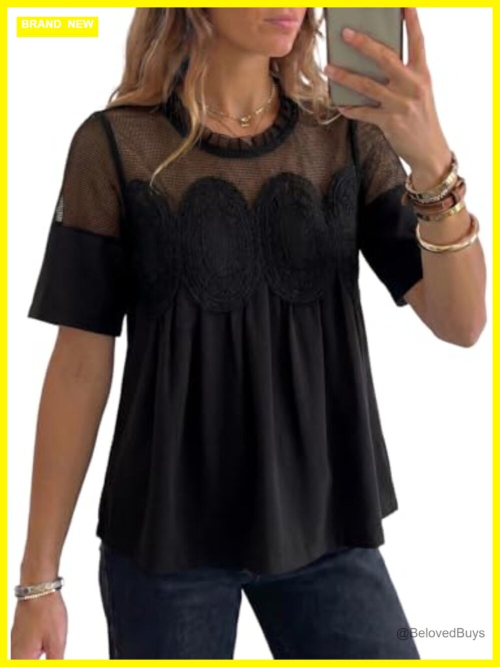 Women's Lace Embroidered Mesh Blouse Flared Short Sleeve Top